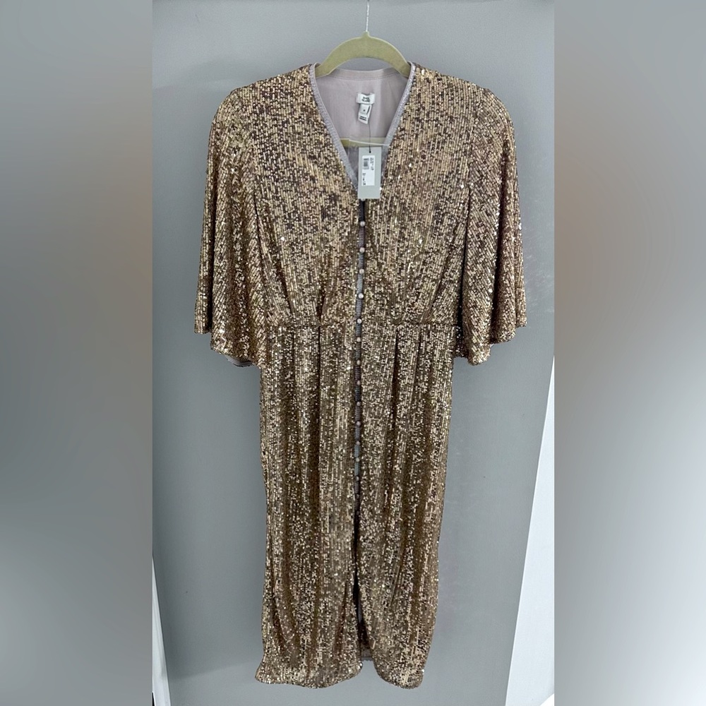 River Island gold button down dress, UK size 8, EUR size 34, US size 2-4.